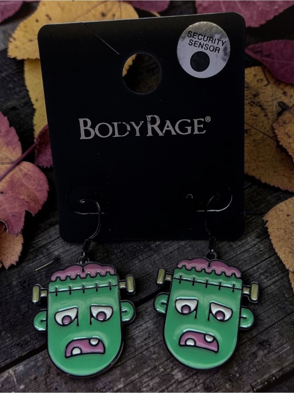 BodyRage Green Frankenstein Dangle Earrings with Pink Accents